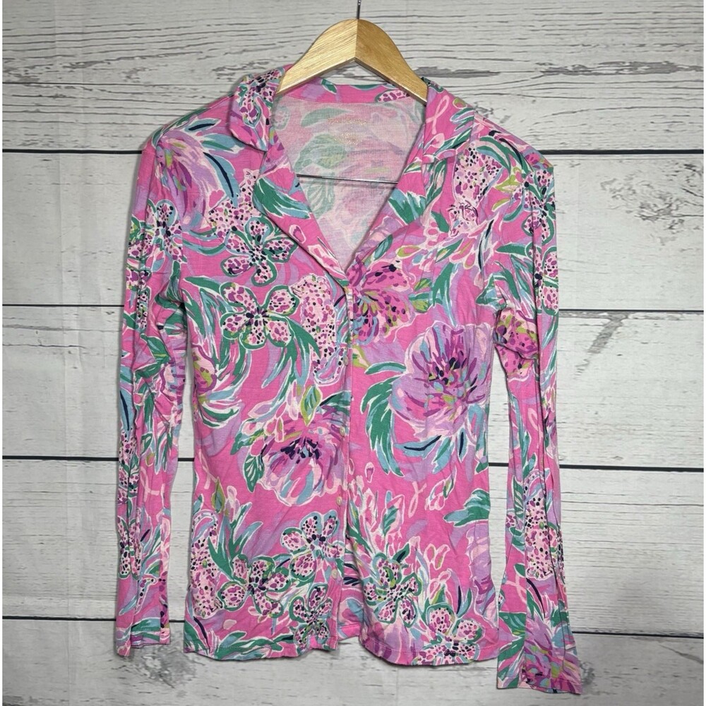 Lilly Pulitzer PJ Knit Button Up Top Cockatoo Pink Paws For a Cause XS GUC